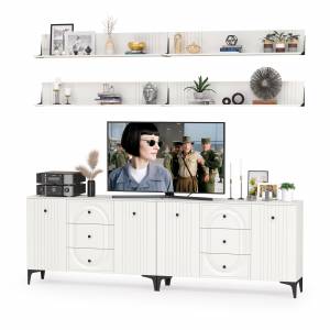 Два широких комода Валенсия и четыре навесных полки цвет белый шагрень