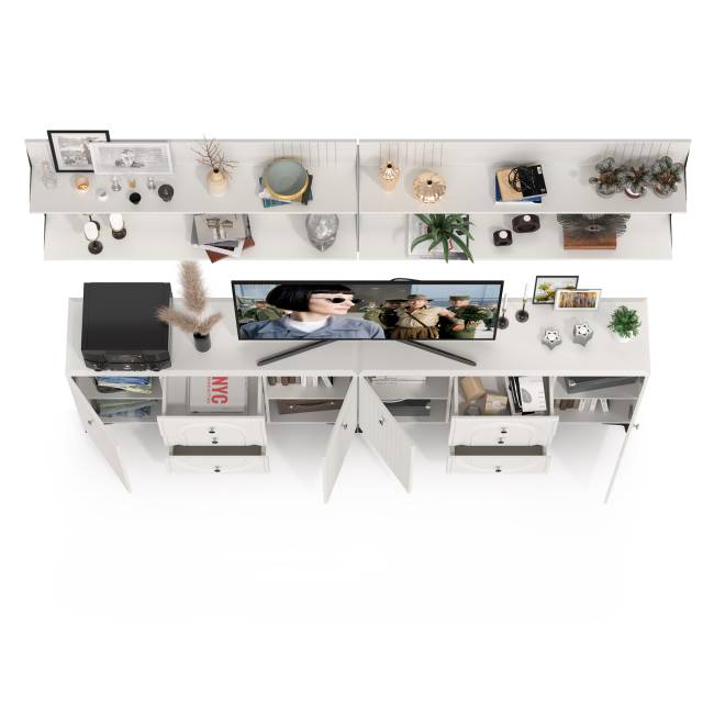 Два широких комода Валенсия и четыре навесных полки цвет белый шагрень