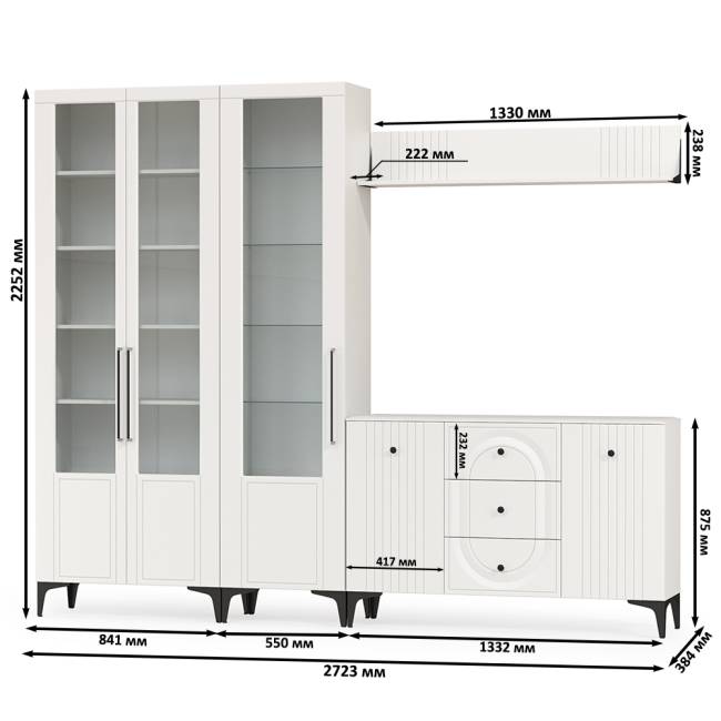 Комод для ТВ-аппаратуры с навесной полкой и широкий сервант Валенсия цвет белый шагрень Комод для ТВ-аппаратуры с навесной полкой и широкий сервант Валенсия цвет белый шагрень