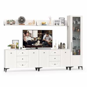 Два комода для аппаратуры с полками и пенал со стеклом Валенсия цвет белый шагрень