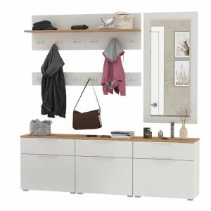 Три обувницы с зеркалом и вешалками для одежды Октава цвет белый шагрень/дуб крафт золотой