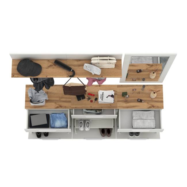 Три обувницы с зеркалом и вешалками для одежды Октава цвет белый шагрень/дуб крафт золотой