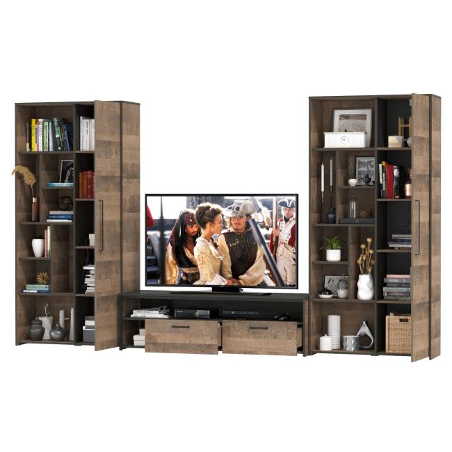 Два шкафа-стеллажа в стиле лофт и тумба для аппаратуры Трувор цвет дуб гранж песочный/интра Два шкафа-стеллажа в стиле лофт и тумба для аппаратуры Трувор цвет дуб гранж песочный/интра