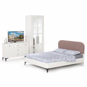 Двуспальная кровать 1600 с мягкой спинкой Валенсия с комодом и шкафом цвет белый шагрень/ткань велутто 19