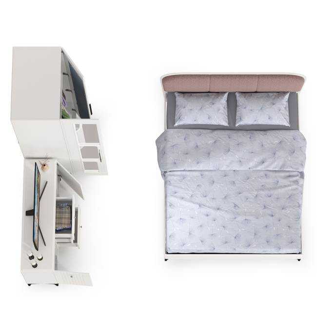 Двуспальная кровать 1600 с мягкой спинкой Валенсия с комодом и шкафом цвет белый шагрень/ткань велутто 19 Двуспальная кровать 1600 с мягкой спинкой Валенсия с комодом и шкафом цвет белый шагрень/ткань велутто 19