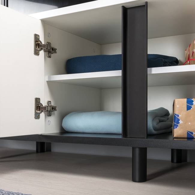 Кровать двуспальная Валенсия со шкафом и ТВ тумбой Квадро цвет белый шагрень/чёрный/ткань велутто 19