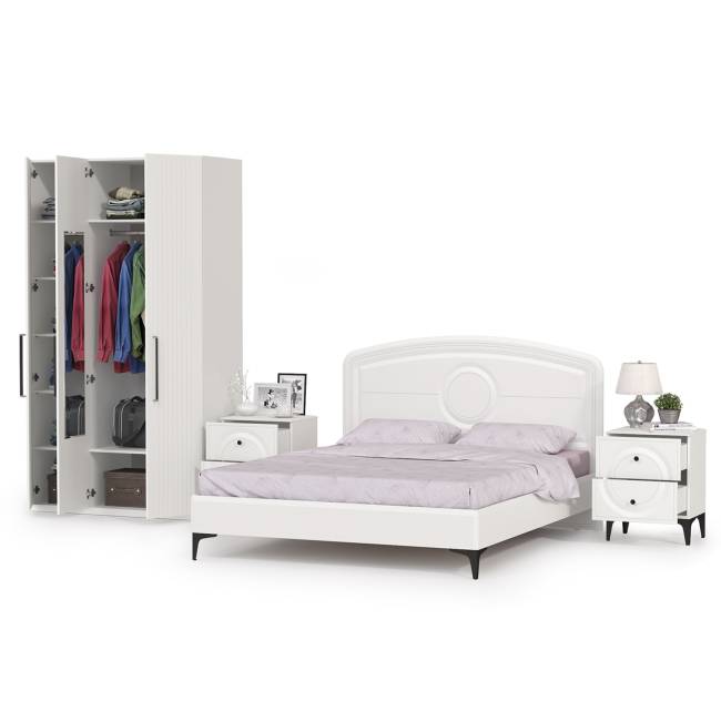 3-х дверный шкаф с кроватью на 1600 Валенсия и двумя тумбочками цвет белый шагрень 3-х дверный шкаф с кроватью на 1600 Валенсия и двумя тумбочками цвет белый шагрень