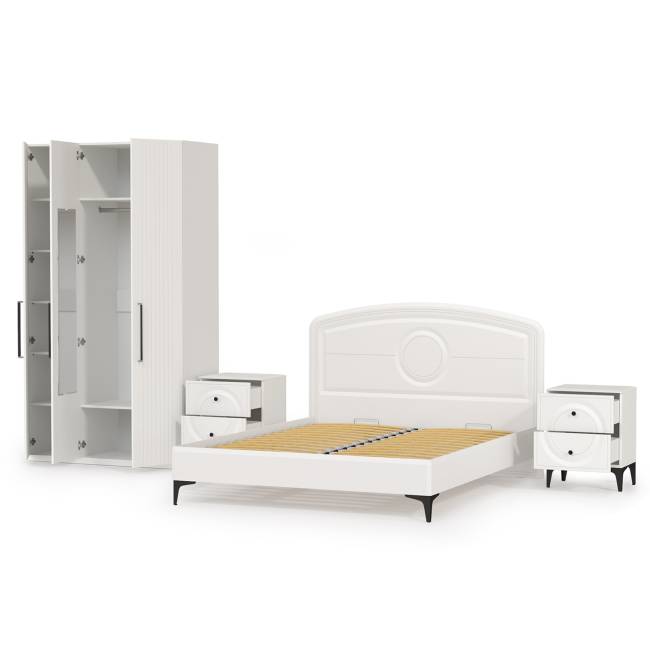 3-х дверный шкаф с кроватью на 1600 Валенсия и двумя тумбочками цвет белый шагрень 3-х дверный шкаф с кроватью на 1600 Валенсия и двумя тумбочками цвет белый шагрень