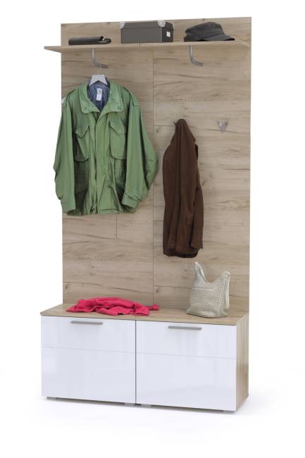 Тумбы для обуви с вешалками для верхней одежды Лайн цвет дуб крафт серый/фасады МДФ белый глянец Тумбы для обуви с вешалками для верхней одежды Лайн цвет дуб крафт серый/фасады МДФ белый глянец