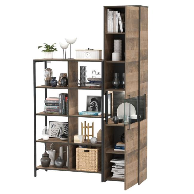 Стеллаж 13.151.02 и шкаф-пенал с витриной с подсветкой Трувор цвет дуб гранж песочный/интра Стеллаж 13.151.02 и шкаф-пенал с витриной с подсветкой Трувор цвет дуб гранж песочный/интра