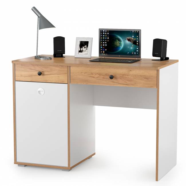 Письменные столы с навесными полками для двоих детей Вуди цвет белый премиум/дуб крафт золотой