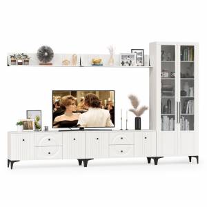 Две навесных полки с ТВ-тумбами и сервантом Валенсия цвет белый шагрень